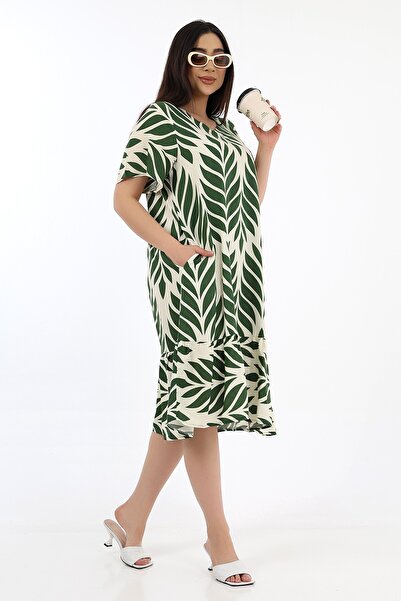 SCHIK Women's Viscose Half Sleeve V-Neck Ruffle Dress Khaki