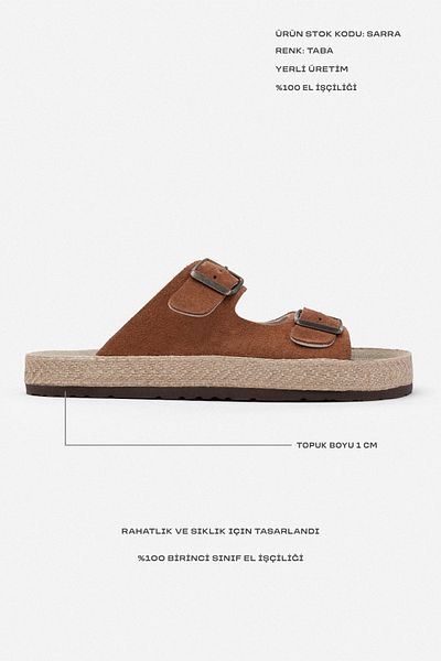NİŞANTAŞI SHOES Sarrah Tan Genuine Suede Double Buckle Detailed Flat Sole Women's Slippers