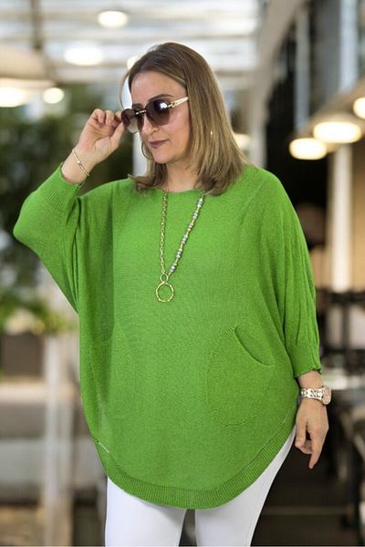 yagmurberen Bat Sleeve Double Pocket Boat Neck Oval Cut Large Size Italian Mercerized Bluz Sweater.