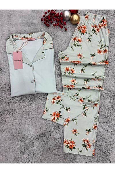 pijamaworld Short Sleeve Front Buttoned Pjs Suit with Pockets