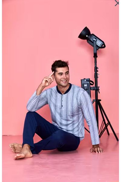 Sude Plaid Combed Men's Long Sleeve Pajama Suit