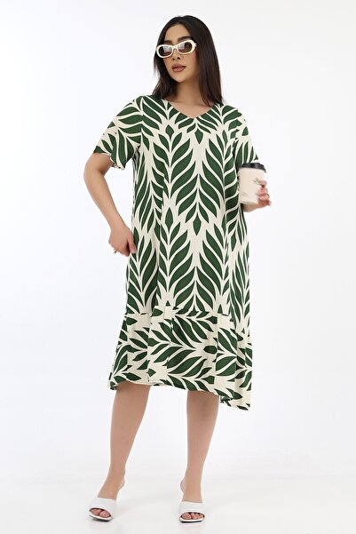 SCHIK Women's Viscose Half Sleeve V-Neck Ruffle Dress Khaki