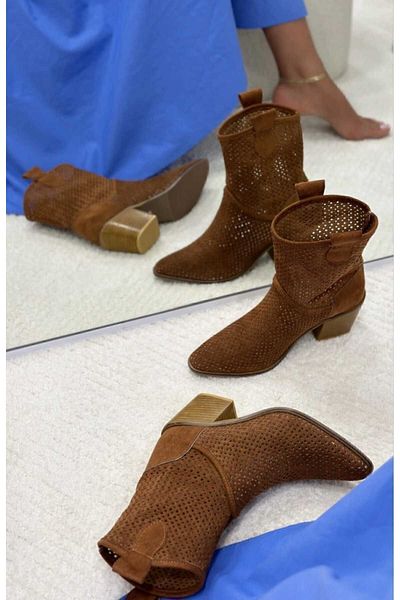 POTEEN Καλοκαιρινές κοντές μπότες Ptc Handy Γυναικείες Western Cowboy καφέ με τακούνι