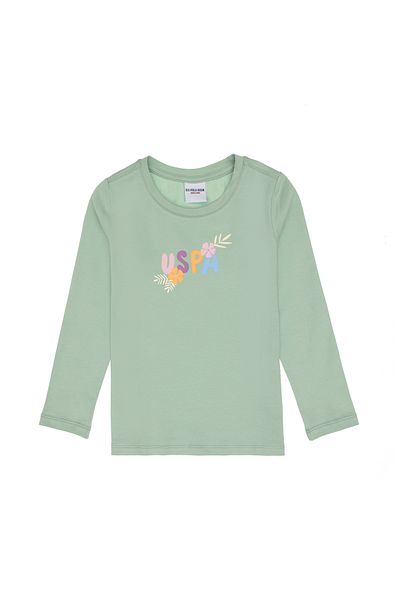 U.S. Polo Assn. Girls' Water Green Crew Neck Flower Printed Long Sleeve T-Shirt 50313080-Vr048