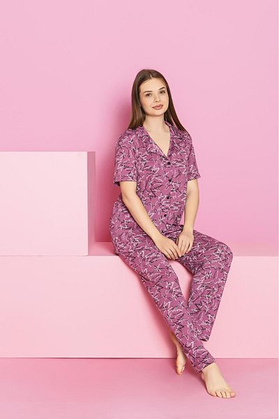 aytenli Shirt Collar Buttoned Short Sleeve Letter Printed Lycra Loose Milan Fabric Pajama Set