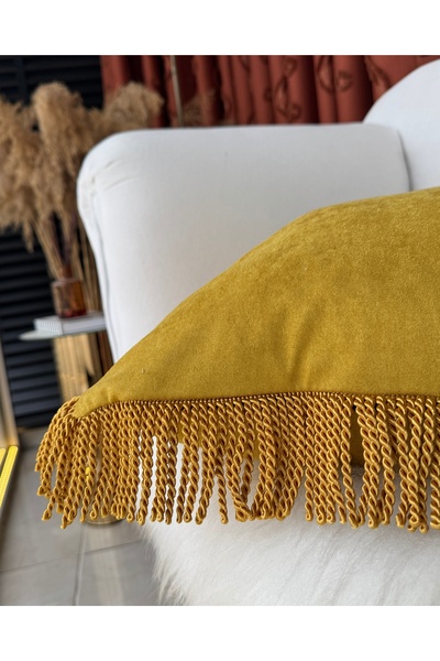 AYDINDOKUMA Ruby Tasseled Velvet Fabric Throw Pillow Cover Fringed Gold