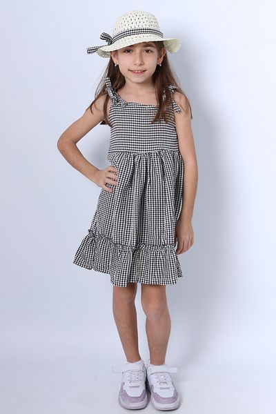 HÇM Girl's Bow Dress with Hat - Checkered Pattern B33