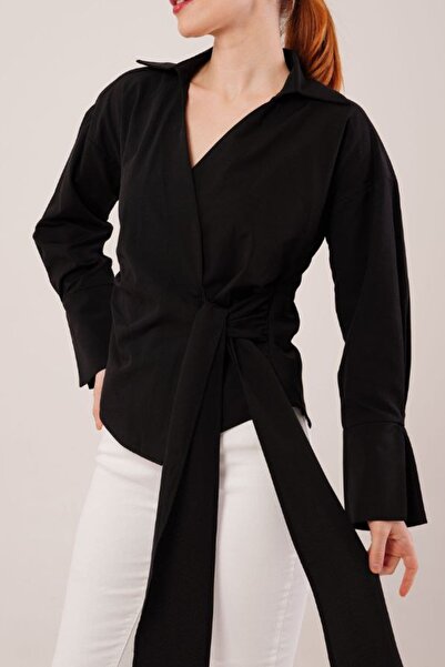 mefru Γυναικείο λευκό πουκάμισο με διπλό στήθος με λεπτομέρεια με κορδόνι στο...