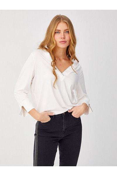 Faik Sönmez V-Neck Relaxed Cut Collar Detailed Three-Quarter Sleeve Ecru Women's Blouse U68177