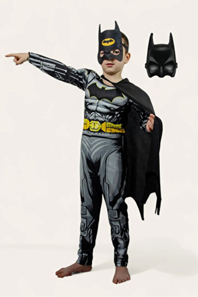GEZEN AY Batman Kaslı Çocuk Kostümü 2 Maskeli Siyah Pelerinli Maskeli Süper K...