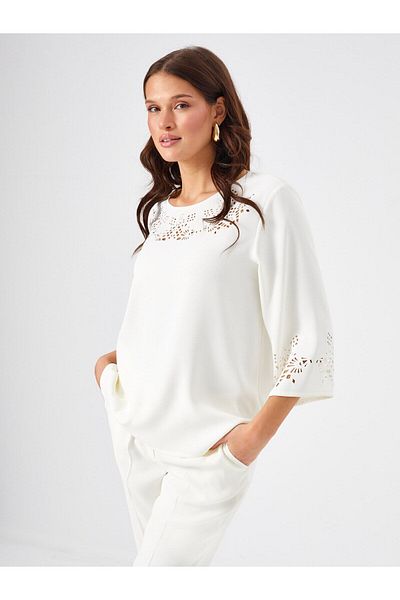 Faik Sönmez Round Neck Plus Size Collar Detailed Three-Quarter Sleeve Ecru Women's Blouse U68153