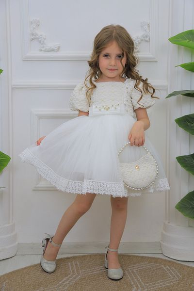 MİSS RAİN Balloon Sleeve Skirt Tip Lace Embroidered Jacquard Girl's Evening Dress
