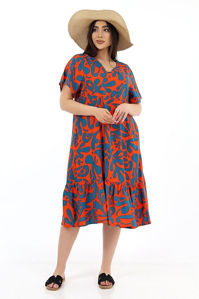 SCHIK Women's Viscose Half Sleeve V-Neck Pocket Ruffle Dress Orange