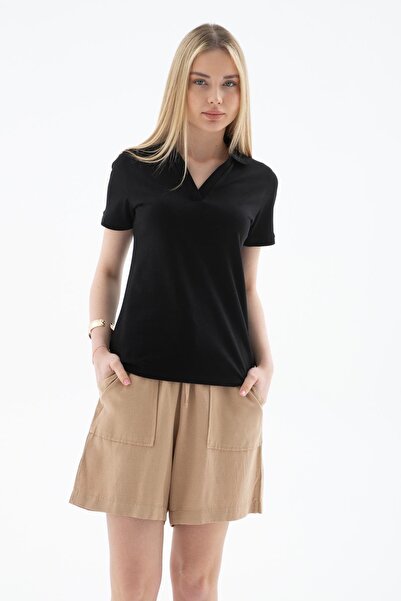 Fashion Friends Polo V-Neck Stretchy Cotton T-Shirt Black