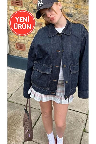 Perryes Kadın Oversize Cep Detaylı Denim Ceket Koyu Mavi