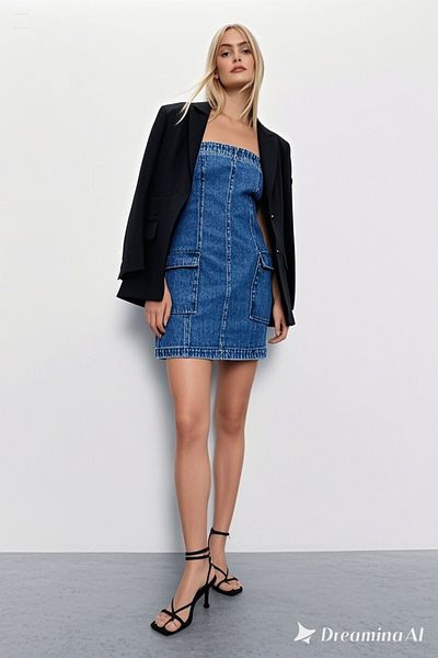 Şans Rochie mini din denim, fără bretele, albastru, cu buzunar cargo, spălat, pentru femei 65N38805