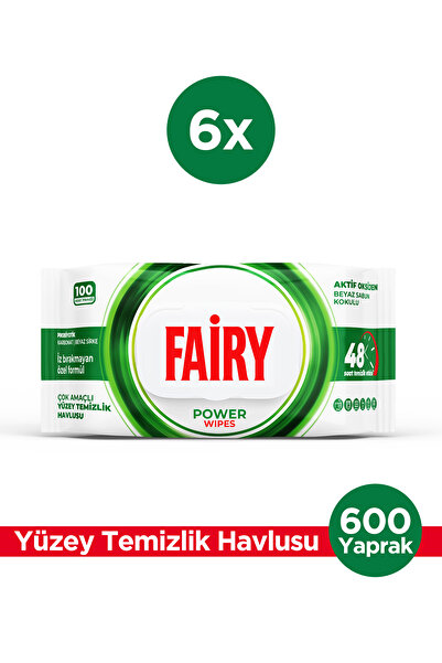 Fairy Power Wipes Yüzey Temizlik Havlusu 100 Yaprak 6 Adet | Beyaz Sabun | Be...