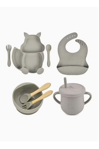COOYA 8 PCS Baby Feeding Set, Food-Grade Silicone, Squirrel Baby Cutlery and Plates Set, Non-slip (Grey)