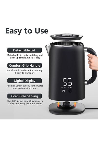 COOYA Electric Kettle, BPA-Free, Double Wall 1.7L, 1500W, Auto Shut-Off Boil Dry Protection LED Indicator