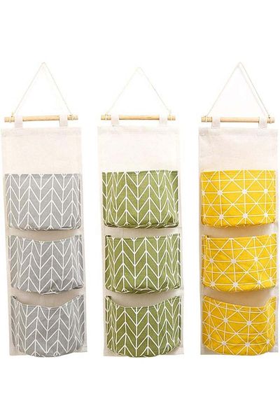 Creatiees Set of 3 Hanging Organizers, Textile/Wood, Multicolor, 30 X 67 Cm