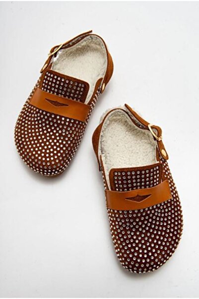 inyola Women's Genuine Leather Stoned Fur Winter Slippers 6242