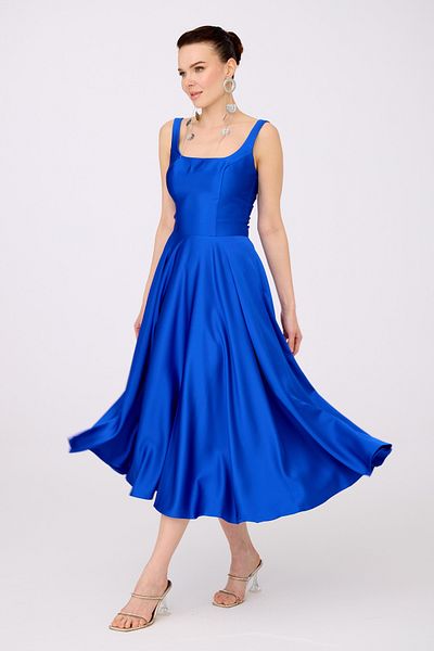 Carmen Saks Back Low-cut Midi Satin Evening Dress