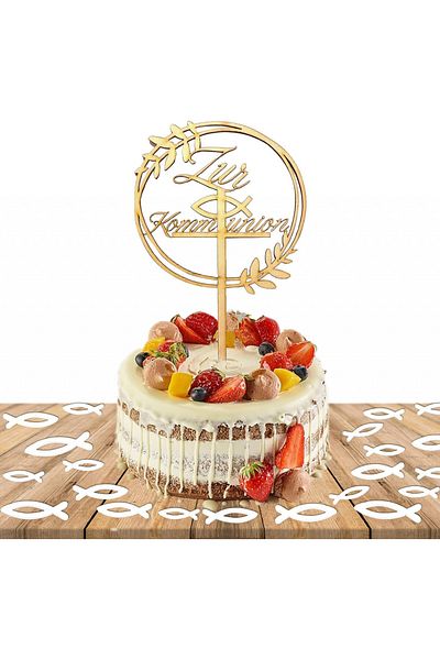 LIVESTN Cake topper set with 45 fish for first communion Livestn, acrylic/wood, gold/white
