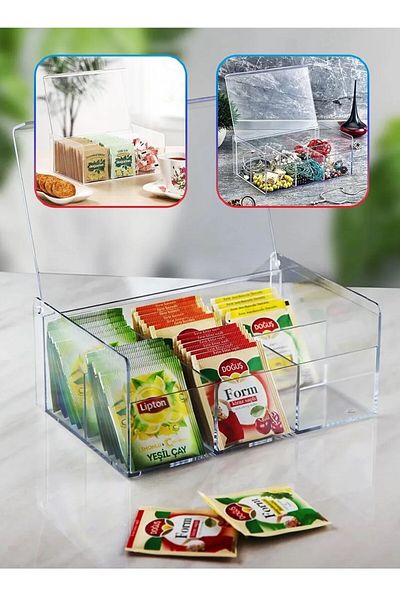 Buclee 6-Compartment Rectangular Mica Tea and Jewellery Organizer - Storage Stand with Lid