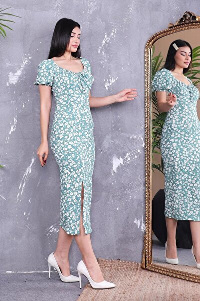 KaSheHa Yazlık Çiçek Desenli Yırtmaçlı Elbise 119 Cm