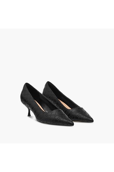 ELLE Monogram Embroidered Slip-On Shoes with Kitten Heels