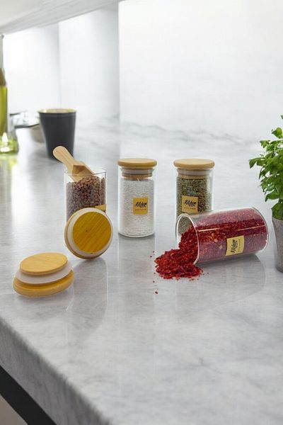 Kitchen Way Glass Jar Set with Bamboo Gasket Lid 125ml Borosilicate Spice Food Storage Set