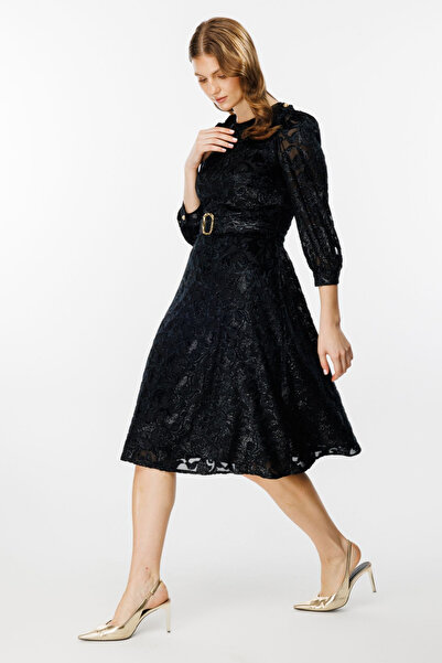 Ekol Kadın Midi Elbise - 3/4 Kol - Kemerli - Vintage Tarzı