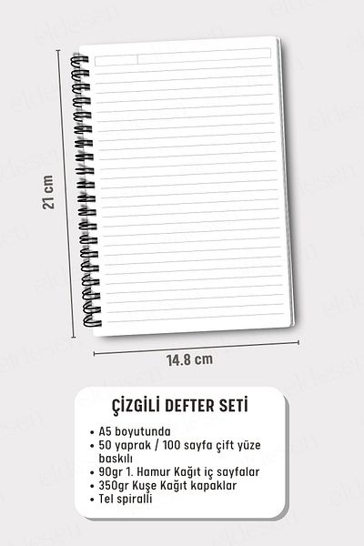 Eldesen Tasarım A5 Size Spiral Bound School Notebook Set - 50 Sheets, 100 Pages