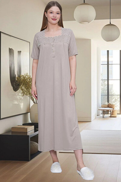 BEYVİP Women's Mink Lace Detailed Large Size Nightgown