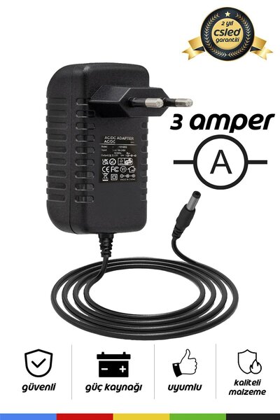 CSled 12V 3A Priz Tipi Adaptör – 5.5x2.5 mm Uçlu, Plastik Kasa, Güvenilir Güç...