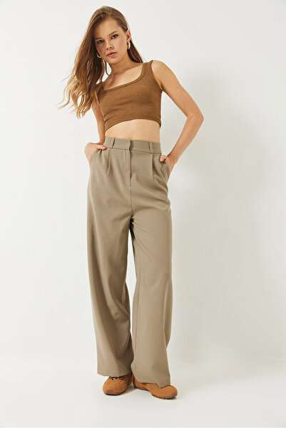 Bianco Lucci Women's High Waist Single Pleated Pocket Detailed Palazzo Trousers 3244 60283059