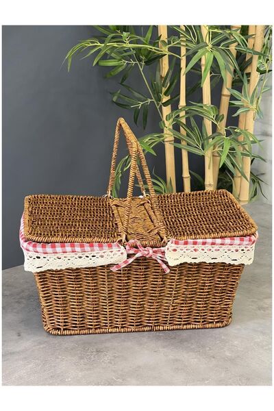 kosava Lüx Çift Kapaklı Rattan Dikdörtgen Piknik Sepeti