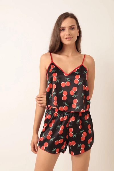 DoDe Flora Love Secret 4013 - Pajama Set with Satin Rope Straps and Cherry Pattern Shorts