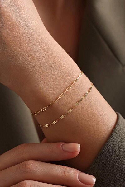 Bayar Gold 14 Ayar Altın Aynalı ve Ataç Kombin Bileklik