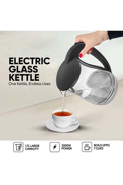 COOYA Electric Glass Kettle with Led Indicator and Detachable Filter, 1.7L 2200 W For Home Office Use