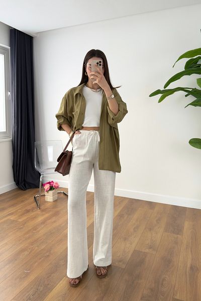 BİRCANÇİL Sevin White Linen Tie Waist Trousers