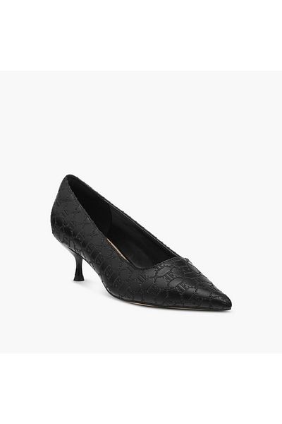 ELLE Monogram Embroidered Slip-On Shoes with Kitten Heels