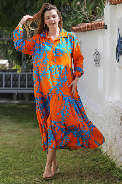 Chiccy Помаранчево-синя повсякденна віскозна сукня 140-65 з зав'язаним коміро...