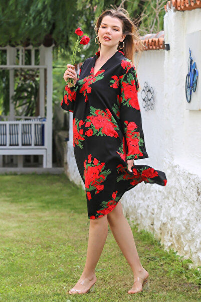 Chiccy Чорно-червона сукня з довгими рукавами з віскозної тканини, V-подібний виріз, ґудзики, принт по всій поверхні