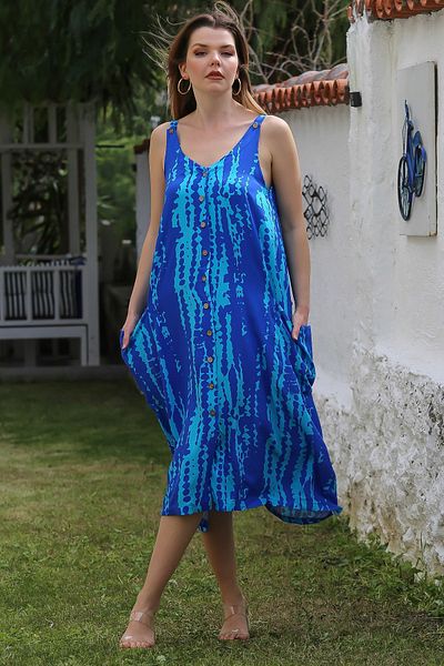 Chiccy Turquoise Straps Buttoned Pocket Allover Printed Casual Viscose Woven Dress 115 60