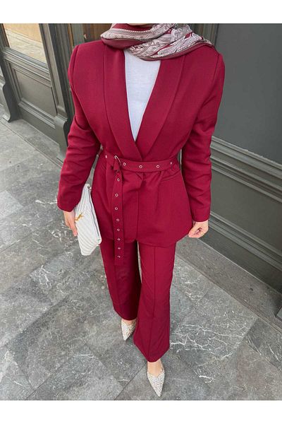 MYGİYİMİSTANBUL Tie-Up Blazer Jacket Wide Leg Trousers Set