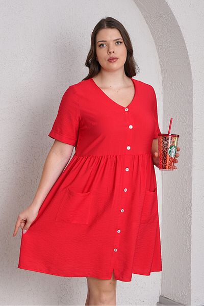 Büyük Moda Linen Textured V-Neck Dress