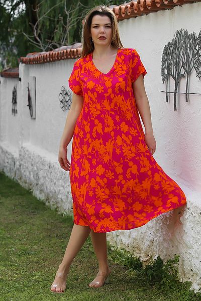 Chiccy Ροζ-πορτοκαλί V-Neck Allover εμπριμέ casual φόρεμα βισκόζης 115 66