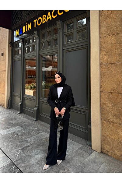 MYGİYİMİSTANBUL Bağlamalı Blazer Ceket Bol Paça Pantolon Takım