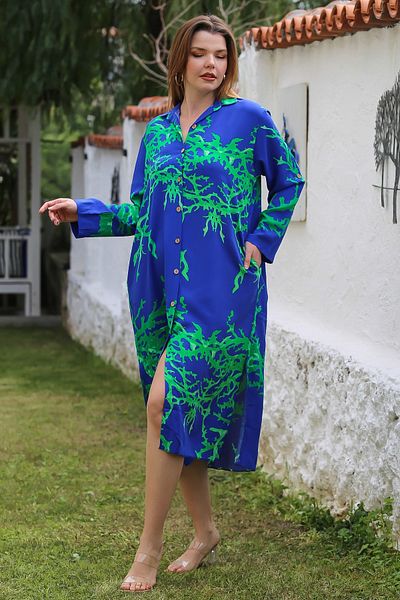 Chiccy Rochie casual din viscoză cu mânecă lungă albastru închis cu nasturi la guler 125 65